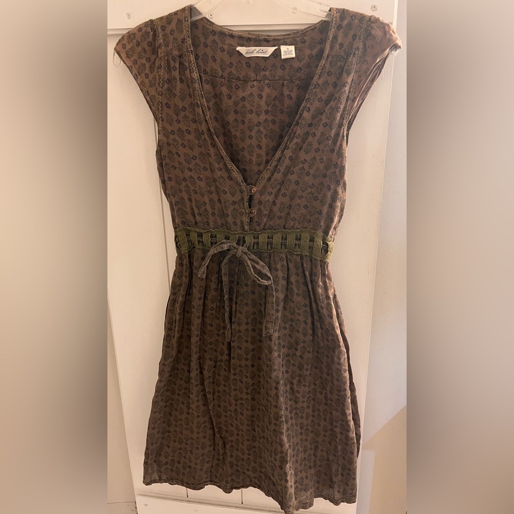 100% cotton Derek Heart Brown Floral Mini Dress with Olive Waistband